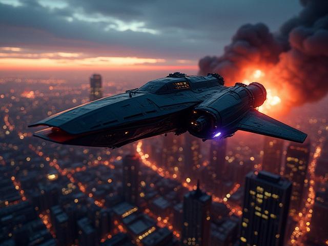 Dramatisk VFX-scene fra en science fiction-film, med et futuristisk romskip over en by